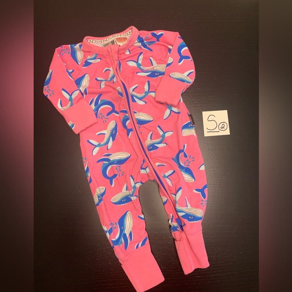 Bonds Pink and Blue Whale Print Baby One Piece (0-3m)